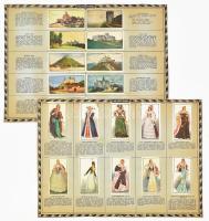 cca 1930-1940 Magyar viseletek különböző történelmi korokban, gyűjtőalbum lapjaira ragasztott gyűjtőkártyák, 40 db, egyik sérült