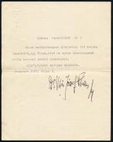 1935 Bp., Habsburg-Lotaringiai József Ferenc (1895-1957) főherceg autográf aláírása 40. születésnapja alkalmából kapott köszöntését megköszönő gépelt levelén, dombornyomott címeres levélpapíron