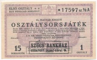 1925. "15. Magyar Királyi Osztálysorsjáték" első osztály 1/8 sorsjegye, "17597" sorszámmal, árusítói bélyegzéssel T:AU kis sarokhajlások