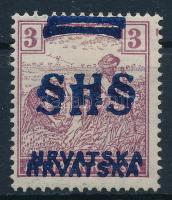 SHS 1918 Arató 3f kettős felülnyomással / double overprint. Signed: Bodor (papírelvékonyodás / thin paper)