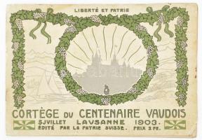 1903 Cortége du Centenaire Vaudois. Edité par La Patrie Suisse, 5. Juillet Lausanne 1903. Lausanne, 1903., 16 sztl. Francia nyelven. Fekete-fehér fotókkal illusztrált. Szecessziós papírkötésben, foltos.