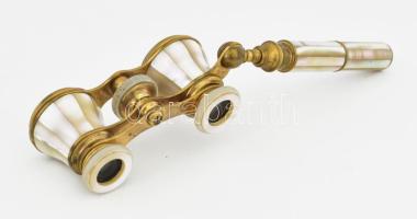 Antik színházi távcső, gazdag gyöngyház berakással, réz, jelzés nélkül, h: 13 cm