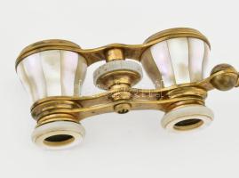 Antik színházi távcső, gazdag gyöngyház berakással, réz, jelzés nélkül, h: 13 cm