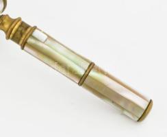 Antik színházi távcső, gazdag gyöngyház berakással, réz, jelzés nélkül, h: 13 cm