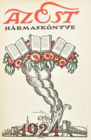 1924 Az Est hármaskönyve. Száz magyar író verse és elbeszélése. A háziasszonynak. A tőzsde. Bp., 1924., Az Est Lapkiadó Rt., (Athenaeum Rt.-ny.), 312 p. Bekötött borítókkal, az elülső papírborítón Gara Arnold illusztrációkkal. Gazdag képanyaggal illusztrált, közte Pólya Tibor illusztrációjával, fekete-fehér fotókkal, rajta Móricz Zsigmond, Kosztolányi Dezső, Juhász Gyula, Babits Mihály fotóival. Korabeli reklámokkal. Érdekes írásokkal. Korabeli receptekkel. Kiadói aranyozott egészvászon-kötés, kopott borítóval, egy-két kissé foltos lappal.