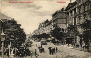 1908 Budapest VIII. Rákóczi út, Nemzeti Színház, villamosok, mozgalmas jelenet. Divald Károly műintézete 375-1908. (EK)