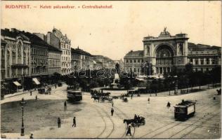 1913 Budapest VII. Keleti pályaudvar, Baross szobor, villamos, lovaskocsi (fl)