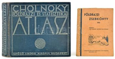 1934 Dr. Cholnoky Jenő: Földrajzi és statisztikai atlasz. 78 fő- és 155 melléktérkép. Világstatisztika. Szerk.: - - . Bp., 1934, Győző Andor, 144+(2) p. + 141 t. (színes térképek, közte kihajthatóak) + 137+(3) p. Harmadik kiadás. Kiadói haránt-alakú egészvászon-kötés, kopott borítóval, laza fűzéssel. +1941 Földrajzi zsebkönyv. Szerk.: Temesy Győző. Bp., 1941., Magyar Földrajzi Társaság. Kiadói papírkötés.