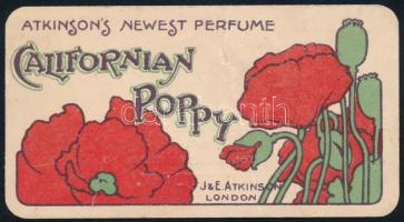 Atikonson's Newest Perfume Californian Poppy. London, J. & E. Atkinsons/Lányi Péter Pál Drogéria, Koronaherczeg utcza 10., Budapest IV., reklámkártya, sérült, 5x9 cm