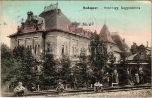 1917 Budapest XII. Svábhegy, Nagyszálloda, gyógyszertár, gyerekek ülnek a síneken (EK)