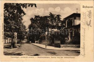 1905 Budapest XIV. Városliget, Aréna út (Dózsa György út) részlete, Ős Budavára reklám, hirdetőoszlop plakátokkal. Ganz Antal 75.