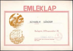 1978 Schablik Sándor tanácsköztársasági forradalmár, munkásőr parancsnok részére kiállított emléklap, Ernszt Antal (1931-2015), az MSzMP Csepel Vas- és Fémművek Bizottsága első titkára, későbbi MSzMP KB-tag (1980-85) autográf aláírásával.