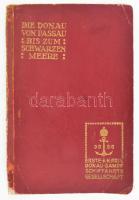 Die Donau von Passau bis zum Schwarzen Meere 1916. [Wien], Erste K. K. Priv. Donau Dampf Schiffahrts Gesellschaft (DDSG), 157+1 p. Német nyelven. Korabeli reklámokkal. Gazdag fekete-fehér szövegközti képanyaggal. Kiadói aranyozott papírkötés, kopott borítóval, részben hiányos gerinccel, számos "M.Á.V. Központi Menetjegyiroda Budapest [1]916 .." bélyegzéssel.