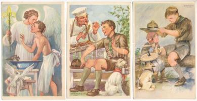 3 db RÉGI Márton L. cserkész képeslap / 3 pre-1945 Hungarian boy scout art postcards