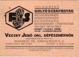 1934 "Világhírű golyóscsapágyak. Hengergörgős, hordógörgős, kúpgörgős, rugógörgős csapágyak minden méretben. Eredeti Ferodo fékbetétek vezérképviselete" Vecsey Jenő okleveles gépészmérnök kereskedelmi és ipari rt. reklámja. Budapest VIII. Kisstáció utca 11. (EK)