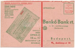 Benkő Bank Rt. m. kir. osztálysorsjegy főelárusító / Hungarian lottery ticket seller advertisement (EK)