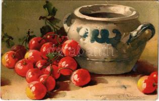 Still life art postcard with cherries s: C. Klein (EK)