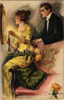 "Tempting Fate" Lady art postcard, romantic couple. The Knapp Co. Inc. s: T. Earl Christy (EK)