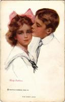 "His First Love" Lady art postcard, romantic couple. Reinthal & Newman No. 213. s: Philip Boileau (EB)