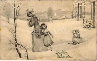 Fröhliche Weihnachten / Christmas greeting art postcard, sledding girl. V. K. Vienne 5101. (EB)