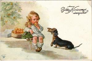 1932 Boldog karácsonyi ünnepeket / Christmas greeting art postcard with Dachshund dog, child and doll s: W. Fialkowska (vágott / cut)