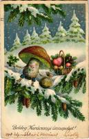 1938 Boldog karácsonyi ünnepeket / Christmas greeting art postcard with mushroom and clovers (ázott sarok / wet corner)