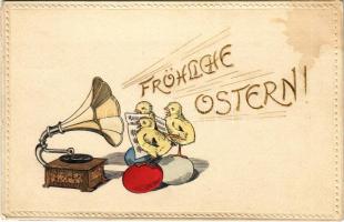 1911 Fröhliche Ostern / Easter greeting art postcard with singing chicken and phonograph. Emb. (fl)