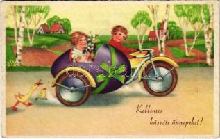 1939 Kellemes húsvéti ünnepeket / Easter greeting art postcard, motorcycle with sidecar (EK)