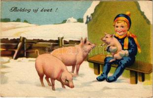 Boldog Újévet! / New Year greeting art postcard with boy and pigs (EK)