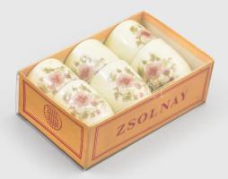 Zsolnay Exclusiv virágmintás pálinkás pohár készlet, eredeti dobozában, jelzéssel, hibátlan, m: 5 cm