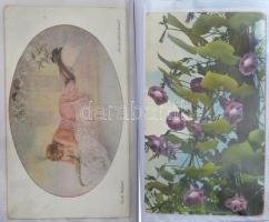 100 db RÉGI (1899-1944) képeslap vegyes minőségben kis műbőr albumban: Art Deco lapok, olasz művészl...