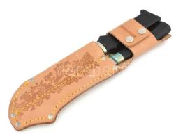 Finnmirror vadász- és filézőkés, bőr tokban, bakelit nyéllel, hibátlan állapotban, extra éles, h: 28...