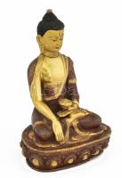 Sákjamuni Buddha szobor, felszentelt, bontatlan állapotban, tüziaranyozott, hidegen festett bronz, m...