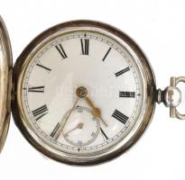 1873 Londoni óraműves, ezüst (Ag) zsebóra, jelzett, kulccsal, működik, fém óralánc ezüst (Ag) szerel...