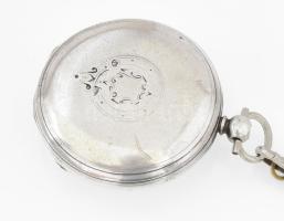 1873 Londoni óraműves, ezüst (Ag) zsebóra, jelzett, kulccsal, működik, fém óralánc ezüst (Ag) szerel...