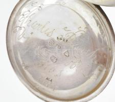 1873 Londoni óraműves, ezüst (Ag) zsebóra, jelzett, kulccsal, működik, fém óralánc ezüst (Ag) szerel...