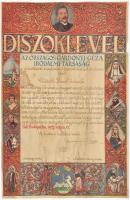 1927 Az Országos Gárdonyi Géza Irodalmi Társaság díszoklevele Gárdonyi Géza szobrához hozzájáruló személy részére. Bp., Thália-ny., jelzett a dúcon (Biczó András (1888-1957)) száraz bélyegzéssel, Ifjabb gróf csíkszentkirályi és krasznahorkai Andrássy Gyula (1860-1929) aláírásával. Körbevágott, foltos, szakadással, szélén hiánnyal, 36x24 cm