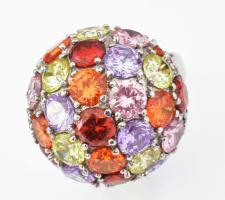 Ezüst (Ag) koktélgyűrű, színes, szintetikus kövekkel, jelzett, 55-ös méret, bruttó 15 g