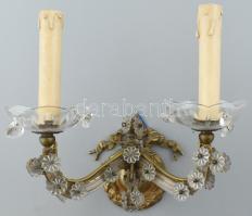 Velencei jellegű réz falikar, üveg díszítésekkel, csorbával, repedéssel, h: 32 cm