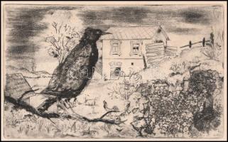 Láng Rudolf (1904-1991): Madárka. Rézkarc, papír, jelzett. 16,5×27,5 cm