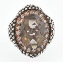 Ezüst(Ag) gyűrű füstszínű üveg kővel, jelzett, méret: 58 cm, bruttó: 13,9 g