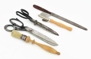 2 db nagy szabó olló, régi ecset, élező, szerszám