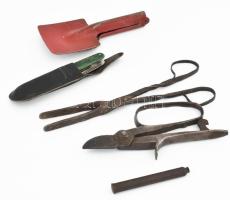 Antik kecskeméti vas olló, jelzett, antik kovácsoltvas oll, bőrdíszműves szerszámok