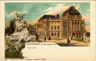 Wien, Vienna, Bécs; Volkstheater mit Raimunds-Denkmal / theatre, monument. Verlag v. Karl Stücker&#039;s Kunstanstalt. litho s: E. Czech