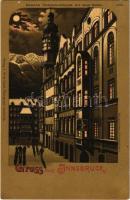 Innsbruck (Tirol), Herzog Friedrichstrasse mit Gold. Dachl / street view, inn at night. G. Blümlein &amp; Co. litho