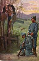 WWI German and Austro-Hungarian K.u.K. military art postcard, praying. Rotophot Budapest 9187-1.