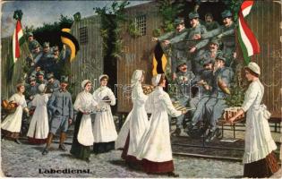 1916 Labedienst / WWI Austro-Hungarian K.u.K. military art postcard, soldiers on wagons with nurses. Nr. 2388. C. H. W. 1916. (EB)