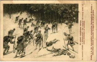 18. számú csataképes kártya. Az oroszok kiűzése a Kárpátokból: egy magyar ski osztag kiűzi az orosz előőrsöket az erdőkből. Kiadja a M. kir. Honvédelmi Minisztérium Hadsegélyező Hivatala / WWI Austro-Hungarian K.u.K. military, skiing soldiers chase the Russian soldiers out of the woods s: M. Ledeli (ázott / wet damage)