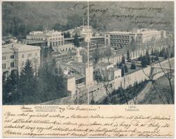 1905 Herkulesfürdő, Baile Herculane; Látkép, a fürdő központja, gyógyterem, Rezső udvar. 2-részes kinyitható panorámalap / spa, bath. 2-tiled folding panoramacard (hajtásnál szakadt / bent til broken)