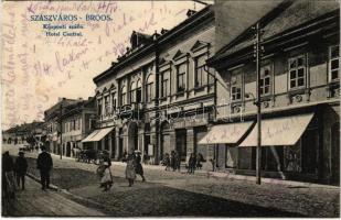 Szászváros, Broos, Orastie; Központi szálloda, M. kir. dohány nagytőzsde, üzletek / Hotel Central, shops